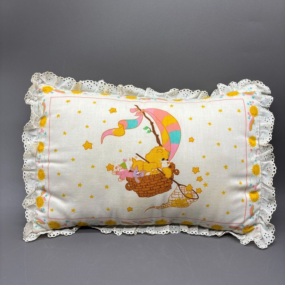 Vintage 1980s Care Bears Throw Pillow Funshine Bear Star Catcher Eyelet Lace 18"